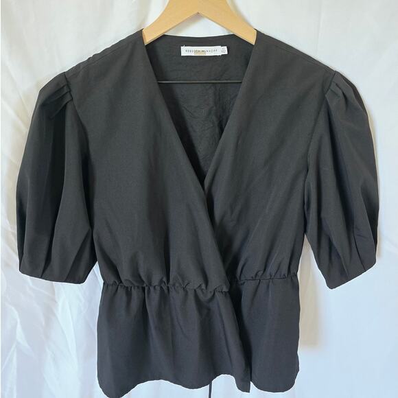 Rebecca Minkoff Mary Wrap Blouse Size M Black Crepe Puff Sleeve V-Neck - Picture 2 of 4